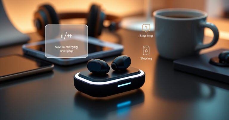 A close-up of sleek JLab earbuds resting on a modern charging case, surrounded by a soft glow of ambient light. A step-by-step guide with illustrated icons floats nearby, showcasing the charging process. The background features a minimalist desk setup with headphones, a smartphone, and a cozy cup of coffee, evoking a tech-savvy lifestyle.