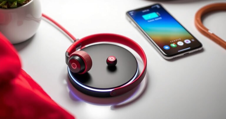 A sleek pair of Beats earbuds resting on a modern charging pad, vibrant red and black colors contrasting against a minimalist white background. A soft glow emanates from the charging pad, illuminating the earbuds. Nearby, a smartphone displays battery status, with subtle hints of a cozy workspace, inviting viewers to learn about charging tips.