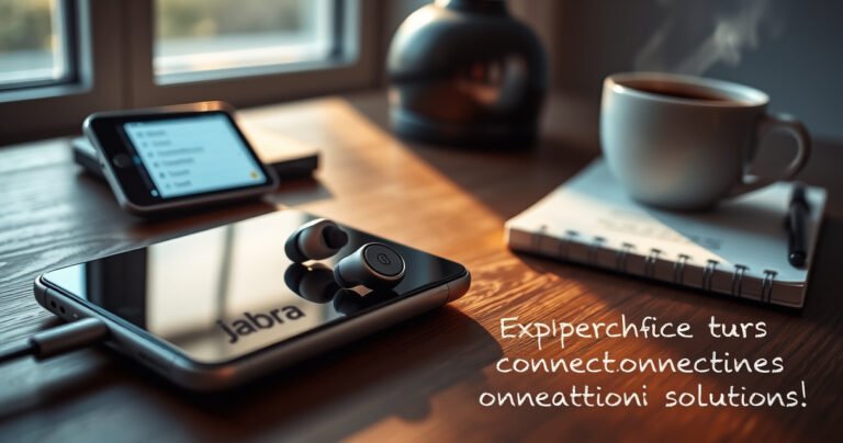 A close-up of sleek, modern Jabra earbuds resting on a wooden desk, with a glowing smartphone displaying Bluetooth settings. Soft morning light filters through a nearby window, casting delicate shadows. A cozy atmosphere is enhanced by a steaming cup of coffee and a notepad with handwritten tech tips, inviting readers to explore connectivity solutions.