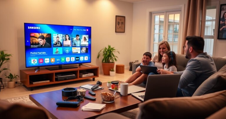 A cozy living room featuring a sleek Samsung Smart TV displaying a vibrant streaming interface, with a stylish coffee table cluttered with remote controls, snacks, and a laptop. Soft, warm lighting enhances the inviting atmosphere, while a family joyfully interacts with the TV, surrounded by modern decor and a potted plant in the background.