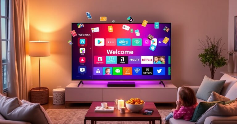 A sleek Vizio Smart TV displaying a vibrant app interface, surrounded by colorful app icons floating in the air. A cozy living room with a soft couch, a coffee table with snacks, and warm lighting, inviting a family to gather around. The TV screen glows with a friendly welcome message, emphasizing ease of use and connection.