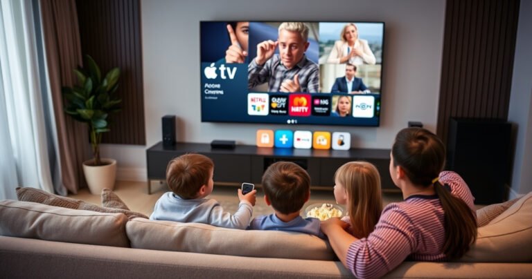 A sleek modern living room featuring a large smart TV displaying the Apple TV interface, surrounded by cozy furniture, a potted plant, and soft ambient lighting. A family sits together on a plush couch, eagerly exploring options on the screen, with popcorn and drinks nearby, capturing the essence of togetherness and entertainment.