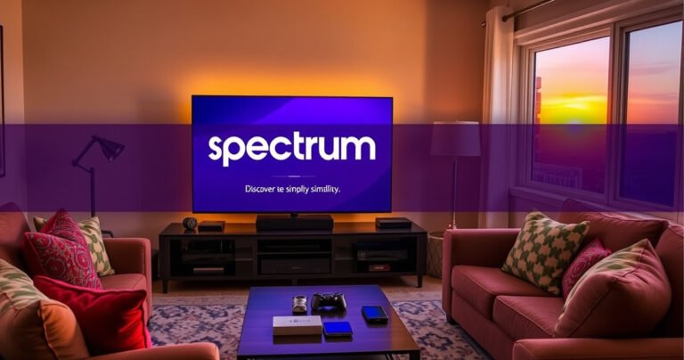 A cozy living room featuring a sleek smart TV displaying the Spectrum logo, surrounded by a warm ambiance of soft lighting, a plush couch with colorful throw pillows, a coffee table with tech gadgets, and a window showcasing a sunset, inviting viewers to discover the simplicity of streaming services.