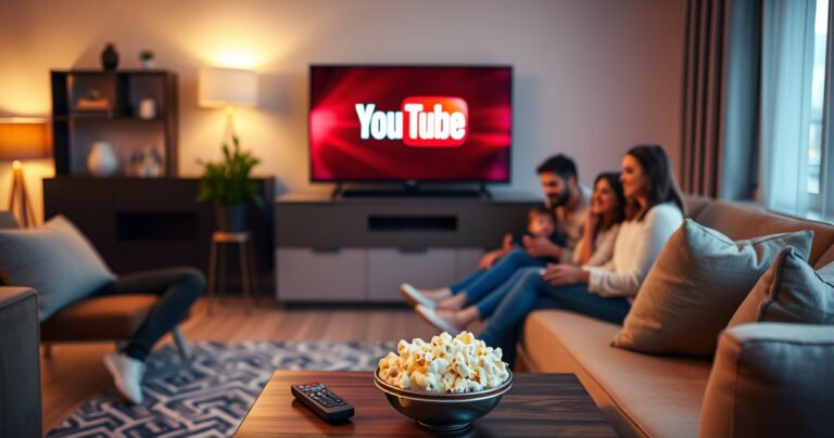 A cozy living room featuring a sleek smart TV displaying the colorful YouTube logo, surrounded by plush furniture, soft ambient lighting, and a family enjoying togetherness. A bowl of popcorn sits on a coffee table, and a remote control lies nearby, capturing the essence of modern family entertainment.