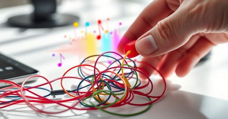 A close-up of colorful, tangled earphone wires amid a burst of vibrant sound waves emanating from a smartphone, set against a sleek, modern desk. The background features soft lighting with playful shadows, while a hand adjusts the volume knob, symbolizing the quest for enhanced audio experience.