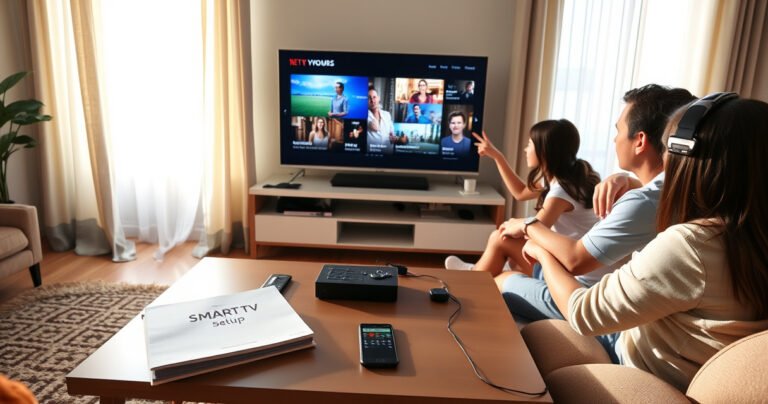 A cozy living room with a modern flat-screen TV displaying vibrant streaming content, surrounded by a sleek coffee table with gadgets and wires. Sunlight filters through sheer curtains, illuminating a guidebook titled "Smart TV Setup" next to a smartphone and a remote control. A family sits together, excitedly pointing at the screen, immersed in technology.