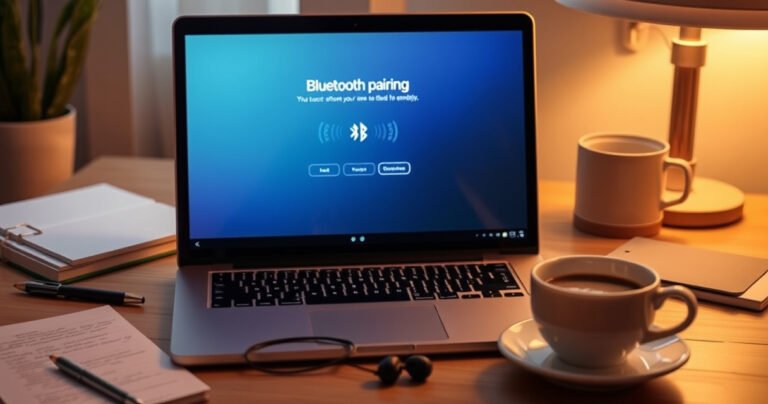 A cozy workspace featuring a sleek laptop screen displaying a vibrant Bluetooth pairing interface, surrounded by a pair of stylish Bose earbuds. Soft, ambient lighting casts a warm glow, with scattered notes and a steaming cup of coffee nearby, inviting readers to explore the simplicity of connecting their earbuds effortlessly.
