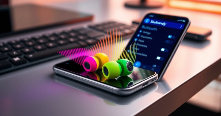 A close-up of a pair of vibrant Skullcandy earbuds resting on a sleek, modern desk, surrounded by a smartphone with Bluetooth settings open, colorful sound waves radiating from the earbuds, and an inviting, bright background that highlights wireless technology, creating an atmosphere of effortless connectivity and stylish audio enjoyment.