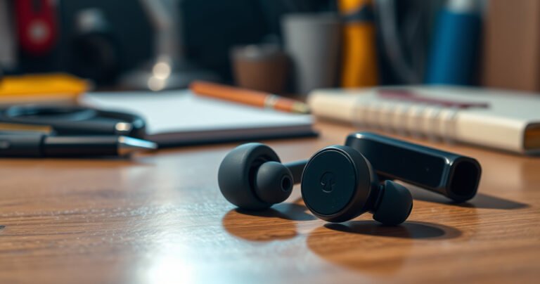 A close-up of sleek Skullcandy earbuds resting on a wooden table, surrounded by a soft, glowing light. The background features a blurred tech workspace with tools and a notebook, emphasizing a sense of clarity and focus. Soft shadows play around the earbuds, highlighting their modern design and inviting an air of simplicity and efficiency.