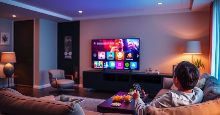 A cozy living room featuring a sleek Samsung Smart TV displaying a colorful app interface, surrounded by a plush sofa, warm lighting, and a coffee table with snacks. A person, comfortably relaxed, is using a remote control, with a vibrant array of app icons glowing on the screen, inviting exploration and entertainment.