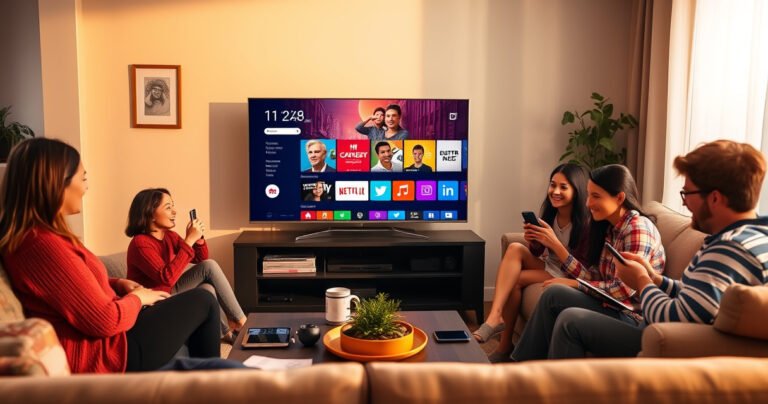 A vibrant living room scene with a sleek Vizio TV displaying a colorful smart casting interface, surrounded by a cozy couch, a coffee table with tech gadgets, and a cheerful family engaging with their smartphones, all bathed in warm, inviting light, emphasizing modern technology seamlessly integrating into daily life.