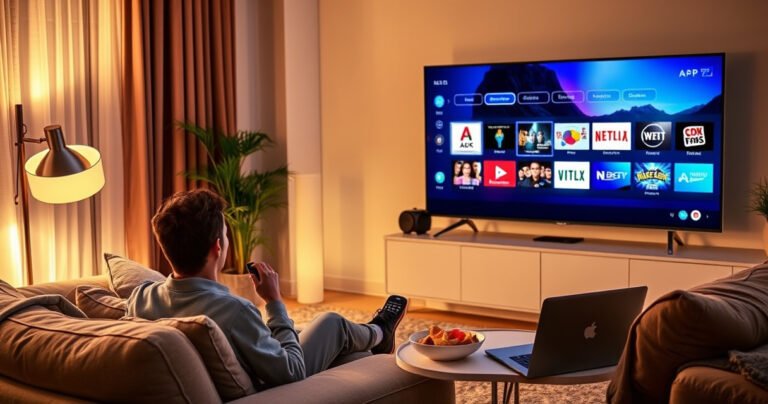 A cozy living room with a sleek, modern TV displaying vibrant streaming apps, surrounded by comfortable furniture. A curious person, holding a remote, sits on a plush sofa, while a warm glow from a nearby lamp creates a welcoming atmosphere. A small table holds snacks and a laptop, symbolizing the blend of technology and relaxation.