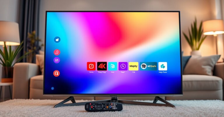 A sleek Samsung Smart TV with a vibrant home screen displaying various colorful app icons, a remote control resting nearby. Soft ambient lighting casts a warm glow, with a cozy living room setting in the background featuring a plush sofa and decorative plants, inviting viewers to explore the tech-savvy world of smart TVs.