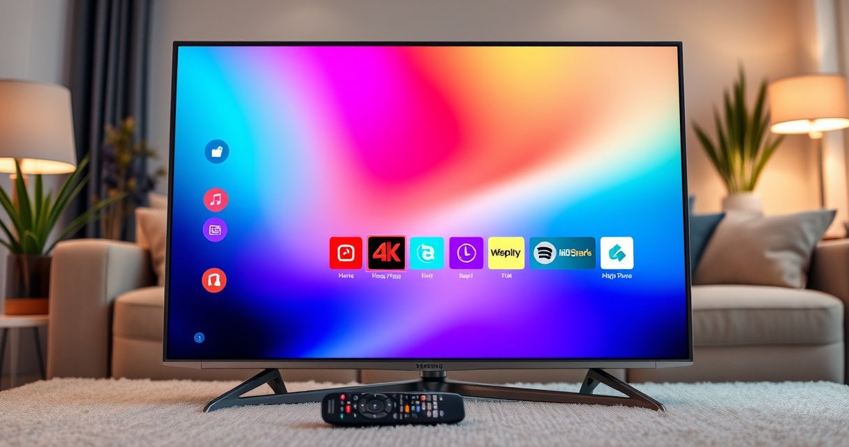 A sleek Samsung Smart TV with a vibrant home screen displaying various colorful app icons, a remote control resting nearby. Soft ambient lighting casts a warm glow, with a cozy living room setting in the background featuring a plush sofa and decorative plants, inviting viewers to explore the tech-savvy world of smart TVs.
