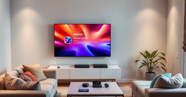 A sleek, modern living room featuring a Samsung Smart TV displaying a vibrant software update screen. Soft ambient lighting, a cozy sofa with colorful cushions, a stylish coffee table with tech gadgets, and a potted plant in the corner create a welcoming atmosphere. The scene conveys a sense of ease and technology integration in everyday life.