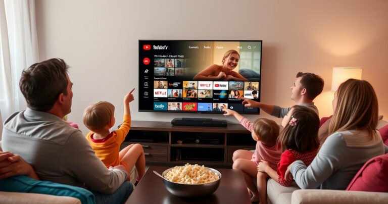 A cozy living room with a sleek smart TV displaying the YouTube TV interface, surrounded by plush sofas and vibrant pillows. Soft lighting casts a warm glow, while a bowl of popcorn rests on a coffee table. A family gathers, excitedly pointing at the screen, showcasing the joy of streaming entertainment together.