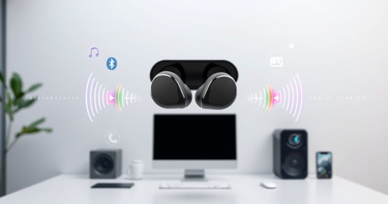 A sleek pair of wireless earphones floating above a modern, minimalist workspace. Surrounding them are colorful sound waves and digital icons representing connectivity, Bluetooth signals, and audio clarity. The background features a soft gradient of tech-inspired blues and whites, evoking a sense of innovation and simplicity in technology.