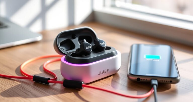 A close-up of JLab earbuds resting on a sleek charging case, surrounded by vibrant charging cables that glow softly, set against a minimalistic wooden desk. Sunlight filters through a nearby window, casting gentle shadows, while a smartphone displays a battery icon, symbolizing the seamless connectivity and convenience of modern audio technology.