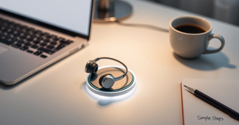 A minimalist workspace featuring a sleek wireless charging pad, with stylish earphones resting on it, surrounded by a soft glow. An open laptop and a cup of steaming coffee sit nearby, with a notepad showing simple steps. The background is softly blurred, emphasizing the elegance of technology and simplicity in everyday life.