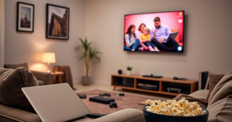A cozy living room with a sleek laptop and a modern smart TV, both displaying a vibrant screen mirroring interface. Soft ambient lighting highlights a comfortable couch, scattered tech gadgets, and a bowl of popcorn. Wall art depicts a family enjoying movie night, creating an inviting atmosphere for tech-savvy readers.