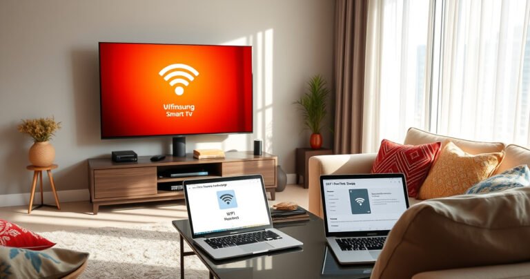 A modern living room with a sleek Samsung Smart TV displaying a vibrant WiFi connection screen. The cozy space features a plush sofa, colorful throw pillows, and a stylish coffee table with a laptop open, showcasing a WiFi setup guide. Soft sunlight filters through sheer curtains, creating a warm, inviting atmosphere perfect for tech-savvy readers.