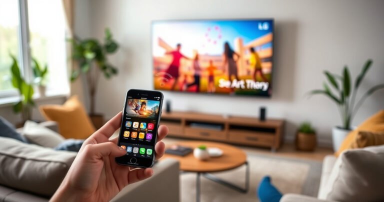 A sleek iPhone displaying a vibrant app interface, wirelessly connecting to a large LG Smart TV showcasing a colorful movie scene. The modern living room setting features a cozy couch, warm lighting, and decorative plants, emphasizing the seamless technology integration and inviting atmosphere for family and friends to enjoy together.
