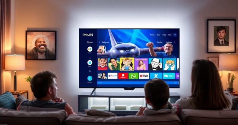 A sleek Philips Smart TV glowing in a cozy living room, its screen displaying a vibrant app store interface filled with colorful app icons, surrounded by a comfortable sofa, a warm ambiance from soft lighting, and a family enjoying movie night, all conveying a sense of ease and modern technology.