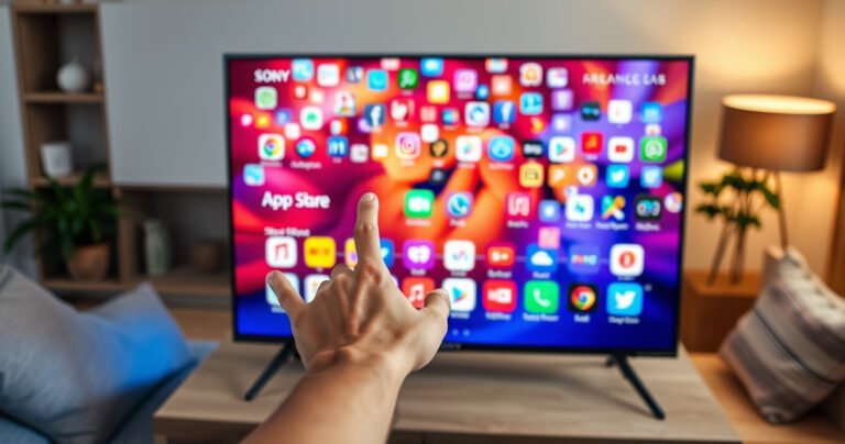 A sleek Sony Smart TV displaying a vibrant digital app store interface, surrounded by colorful app icons like a lively marketplace. A user’s hand reaches out to select an app, with a cozy living room backdrop featuring a plush sofa and soft lighting, creating an inviting atmosphere of modern technology and home comfort.
