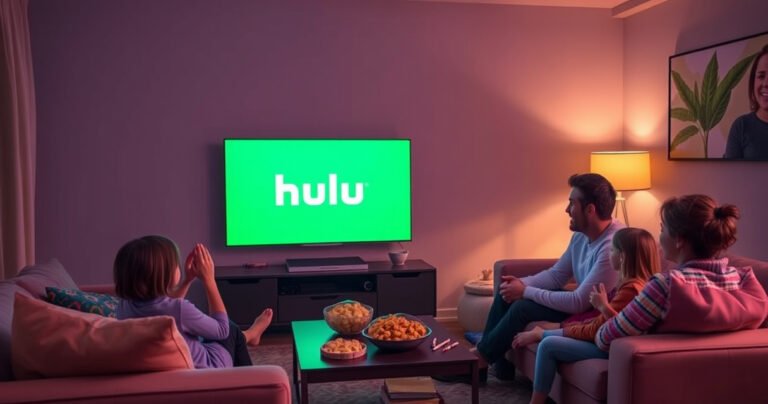 A cozy living room with a sleek smart TV displaying the Hulu logo, surrounded by a soft sofa with colorful throw pillows. A family eagerly gathers, snacks on a coffee table, and ambient lighting casts a warm glow, creating an inviting atmosphere for a movie night. The scene exudes excitement and anticipation of streaming fun.