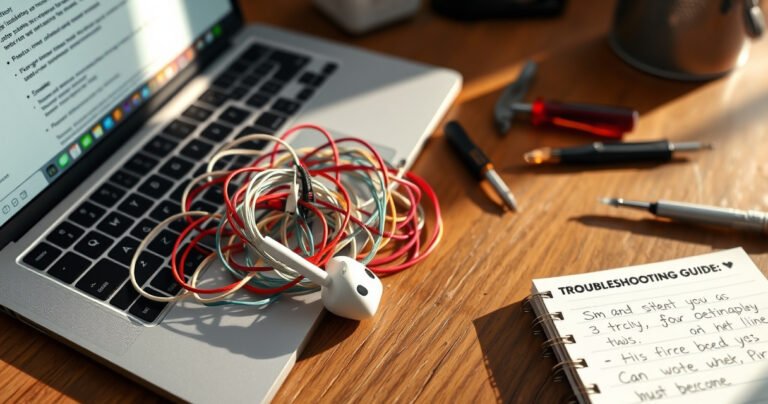 A close-up of a pair of white Apple earphones tangled in colorful threads, resting on a wooden desk scattered with small tools like tweezers and a screwdriver. Soft natural light casts gentle shadows, highlighting a notepad with handwritten troubleshooting tips beside a laptop displaying a troubleshooting guide.