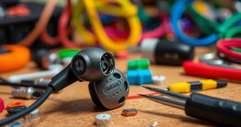 A close-up of a pair of Skullcandy earbuds, one half disassembled with visible wires and components, surrounded by useful tools like a small screwdriver and tweezers. The background is a vibrant, blurred workspace filled with colorful tech gadgets and accessories, conveying a sense of hands-on repair and creativity.