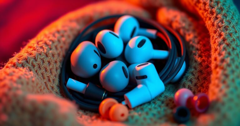 A colorful, close-up scene of various earbuds nestled in a cozy, textured fabric, showcasing different styles and sizes, with tiny tools like silicone tips and clips scattered nearby, illuminated by warm, soft lighting to create an inviting and practical atmosphere.