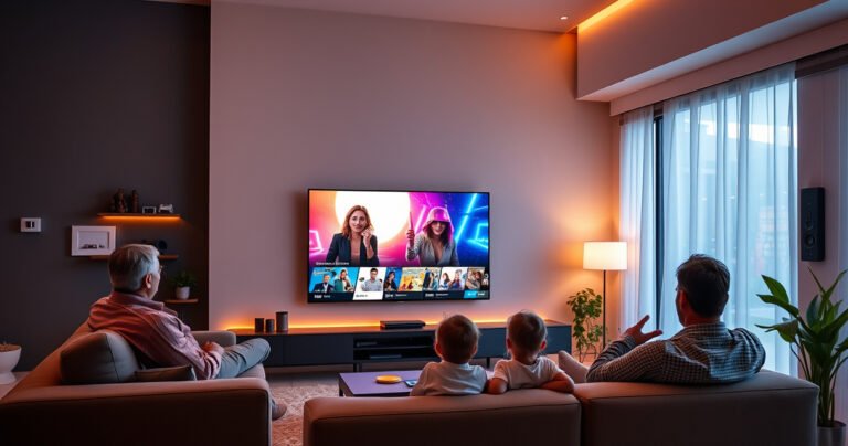 A sleek modern living room featuring a large smart TV displaying vibrant streaming content, surrounded by cozy furniture, ambient lighting, and a family enjoying a movie night together. The walls are adorned with smart home devices, showcasing a blend of technology and comfort, highlighting the convenience and entertainment of a smart TV lifestyle.