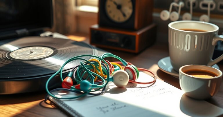 A close-up of colorful earphones tangled in a cozy setting, surrounded by a vintage record player, notes scribbled on paper, and a steaming cup of coffee. Sunlight streams through a window, casting warm shadows, while sound waves visually radiate from the earphones, symbolizing volume and clarity.