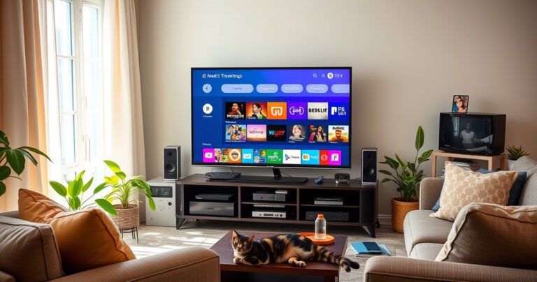 An inviting living room with a sleek, retro television transformed into a modern smart TV, surrounded by colorful gadgets and streaming devices. Soft sunlight filters through curtains, illuminating cozy furniture, vibrant plants, and a digital interface displayed on the screen, showcasing streaming options. A curious cat lounges nearby, adding a playful touch to the scene.