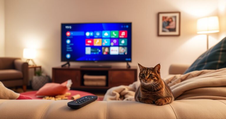 A cozy living room illuminated by soft, ambient light, featuring a sleek smart TV displaying colorful, user-friendly icons. A remote control rests on a plush sofa, surrounded by snacks and a warm blanket, while a curious cat watches intently. A framed family photo hangs on a wall, adding a personal touch to the scene.