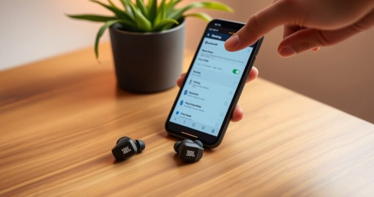 A sleek pair of JBL earbuds resting on a stylish wooden table, surrounded by an open smartphone displaying Bluetooth settings, a hand reaching towards the screen, soft ambient lighting illuminating the scene, with a vibrant plant in the background, conveying a modern, tech-savvy atmosphere perfect for a step-by-step guide on pairing audio devices.