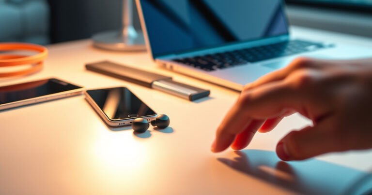 A close-up of sleek Jabra earbuds nestled in a bright, modern workspace, surrounded by vibrant tech accessories like a smartphone and laptop, with a warm light illuminating the scene, creating an inviting atmosphere that emphasizes ease and connectivity, showcasing a hand reaching towards the earbuds, ready to connect.