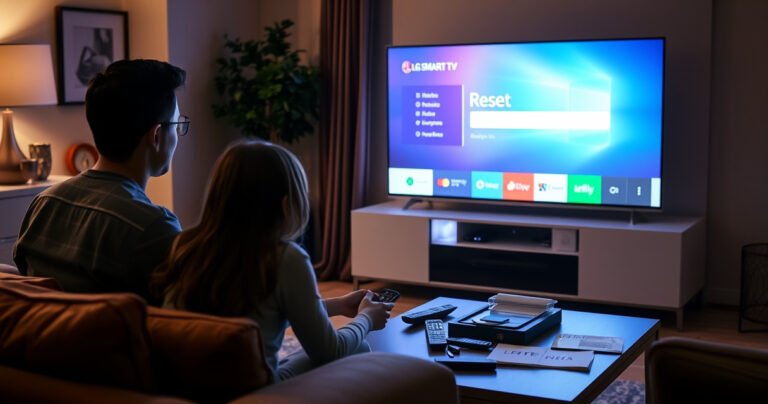 An inviting living room scene featuring a modern LG Smart TV displaying a colorful reset menu. Soft lighting casts a warm glow on cozy furniture, with a stylish coffee table scattered with remote controls and a user-friendly guide. A family member, focused and engaged, interacts with the TV, embodying the essence of tech-savvy comfort.