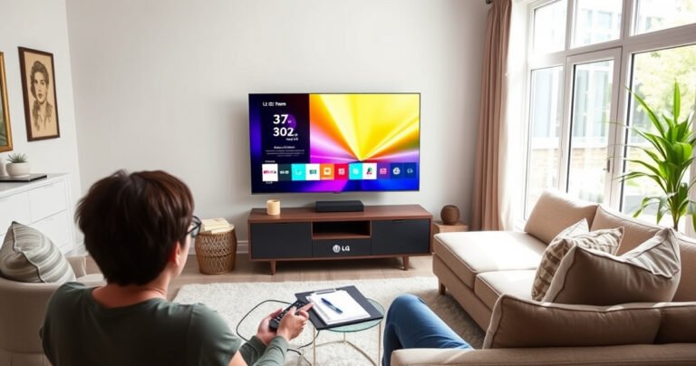 A bright, modern living room featuring a sleek LG Smart TV displaying a vibrant home screen, surrounded by a cozy sofa and stylish decor. A person is thoughtfully using a remote control, with a notepad and pen nearby, symbolizing the process of resetting the TV. Soft natural light filters through large windows, creating a welcoming atmosphere.