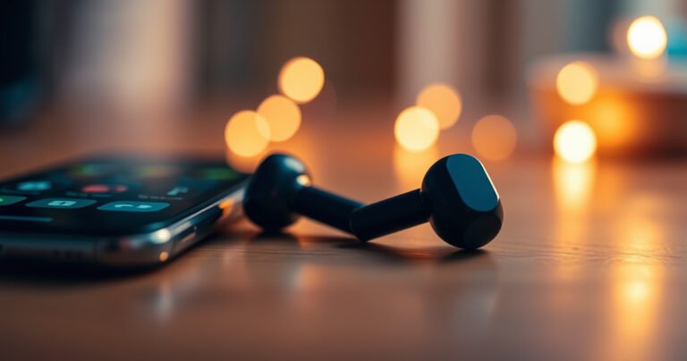 A close-up of a pair of sleek, modern earbuds resting on a wooden table, surrounded by soft, warm ambient light. The earbuds are slightly open, revealing their intricate design, while a smartphone with glowing icons sits nearby. The background is softly blurred, creating a cozy, inviting atmosphere that suggests simplicity and ease of use.