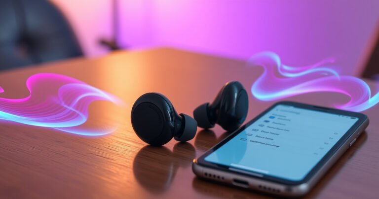 A sleek pair of Skullcandy wireless earbuds resting on a modern wooden table, surrounded by vibrant soundwaves visually flowing around them. A soft, ambient light casts a warm glow, illuminating the earbuds' glossy finish while a smartphone nearby displays the Bluetooth settings screen, hinting at the user-friendly connection process.