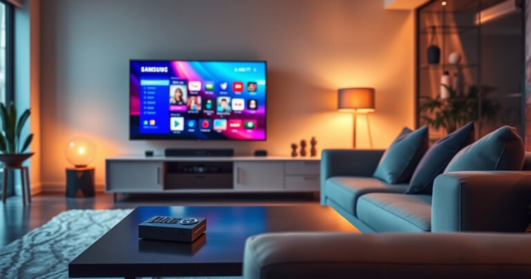 A sleek, modern living room featuring a Samsung Smart TV glowing with vibrant colors, remote control resting on a stylish coffee table, soft ambient lighting casting warm shadows, and a cozy couch inviting viewers to engage with technology. A digital interface displaying the TV's home screen adds a tech-savvy touch to the scene.