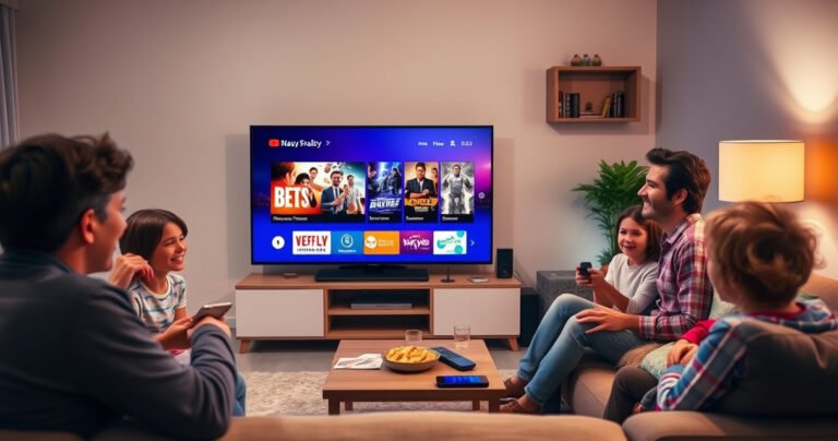 A cozy living room with a sleek smart TV displaying a vibrant streaming interface. Soft lighting illuminates the space, highlighting a plush couch with colorful cushions. Nearby, a coffee table holds remote controls and snacks. A family enjoys a movie night, laughter in the air, surrounded by tech gadgets and a warm, inviting atmosphere.