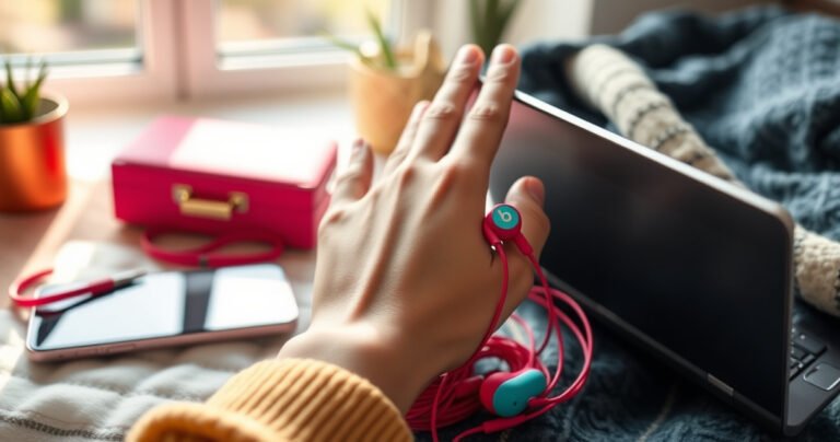 A close-up of stylish, vibrant Beats earbuds nestled in a chic, modern lifestyle setting, surrounded by colorful accessories like a trendy phone, a sleek laptop, and a cozy blanket. Soft natural light filters through a window, highlighting the earbuds as the focal point, with a hand elegantly demonstrating the correct way to wear them.
