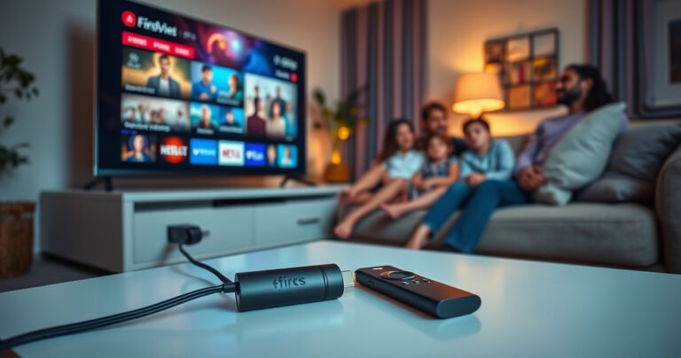 A cozy living room scene showcasing a sleek Smart TV displaying vibrant streaming content, a Firestick plugged into the HDMI port, and a stylish remote on a coffee table, surrounded by soft pillows and warm lighting. In the background, a family enjoys a movie night together, creating a welcoming and engaging atmosphere.