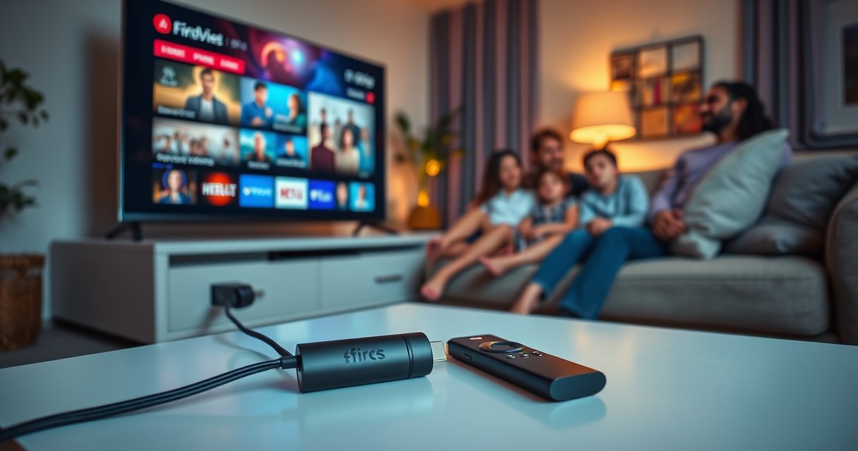 A cozy living room scene showcasing a sleek Smart TV displaying vibrant streaming content, a Firestick plugged into the HDMI port, and a stylish remote on a coffee table, surrounded by soft pillows and warm lighting. In the background, a family enjoys a movie night together, creating a welcoming and engaging atmosphere.