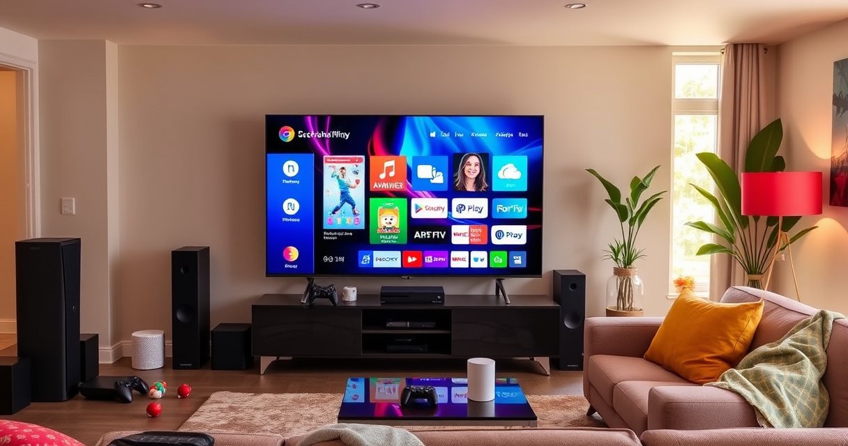 A sleek modern living room featuring a large smart TV displaying a colorful, animated interface. Surrounding the TV are various gadgets like a streaming device, game console, and smart speaker, alongside a cozy sofa and vibrant decor. Warm lighting enhances the inviting atmosphere, with a window revealing a bright, sunny day outside.