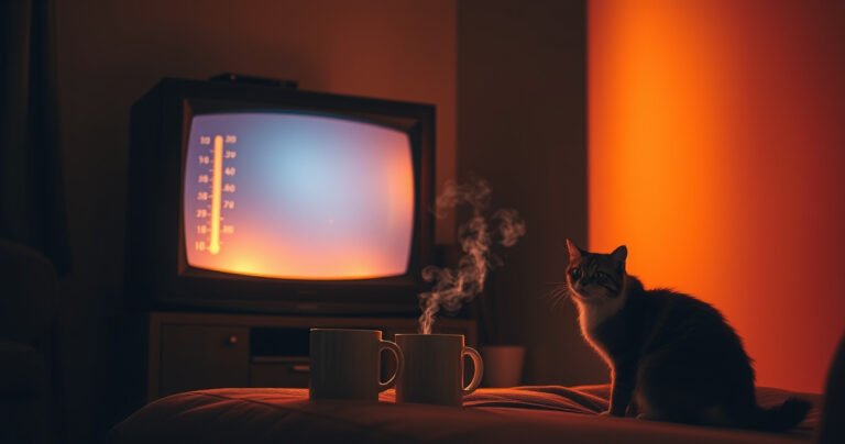 A glowing television set radiates warmth in a darkened living room, steam rising from a nearby mug of coffee. A thermometer beside the TV shows a rising temperature, while a worried pet cat watches curiously. Soft shadows dance on the walls, highlighting the contrast between cozy ambiance and the potential dangers of overheating electronics.
