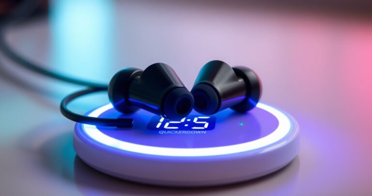 A close-up view of sleek, modern earbuds resting on a glowing charging pad, with vibrant energy waves radiating around them. The background features a soft gradient of blues and greens, symbolizing technology and innovation, while a digital timer displays a quick charging countdown, creating a sense of urgency and efficiency in a stylish, contemporary setting.